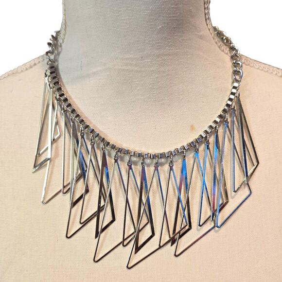 Vintage Modernist Geometric Fringe Necklace Silver Tone Statement Layered Adjust - Picture 1 of 6